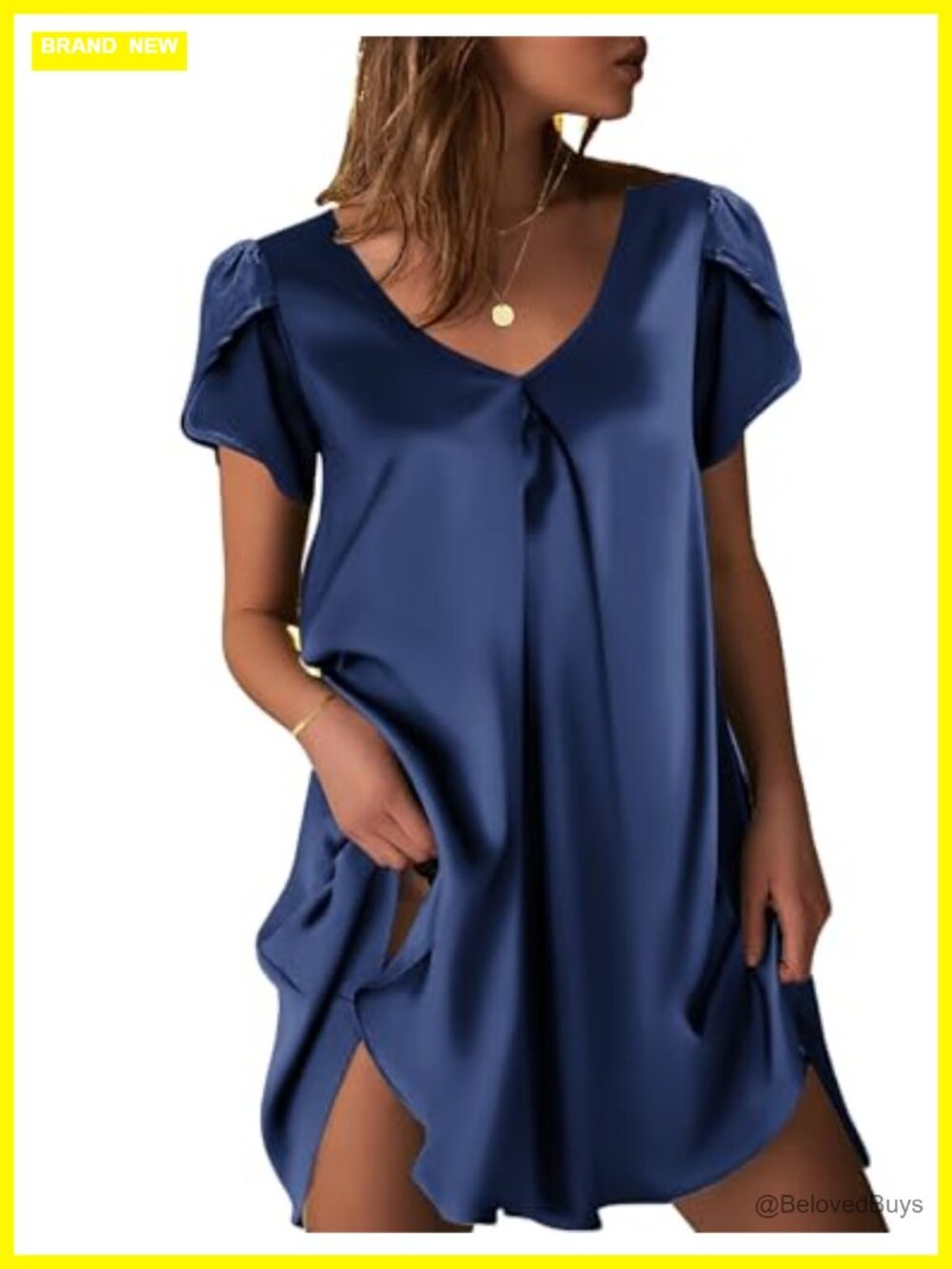 Ekouaer Satin Nightgown Short Sleeve V-Neck Sleep Shirt